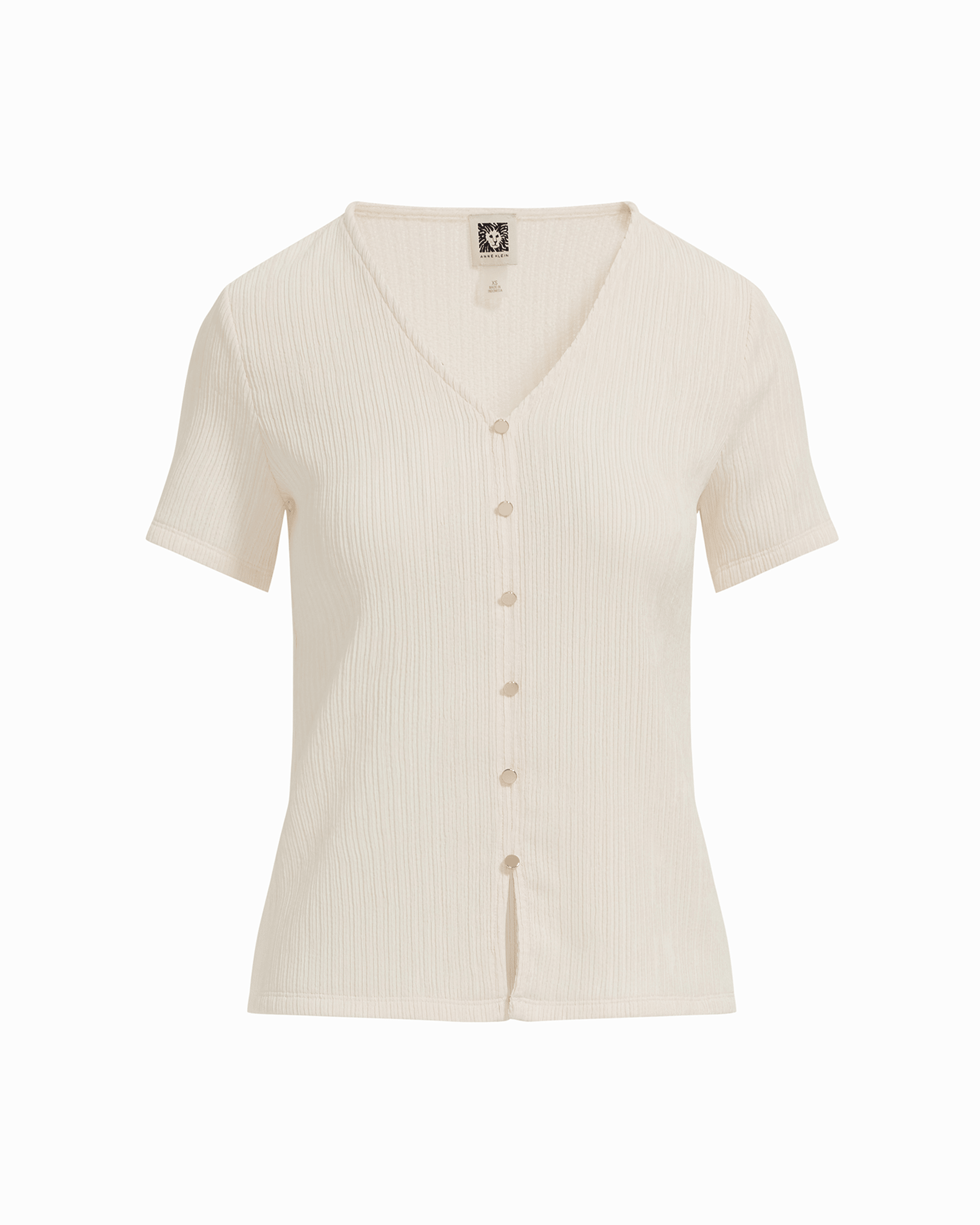 Short Sleeve V-Neck Button Loop Knit Top - Anne Klein WHITE DOVE