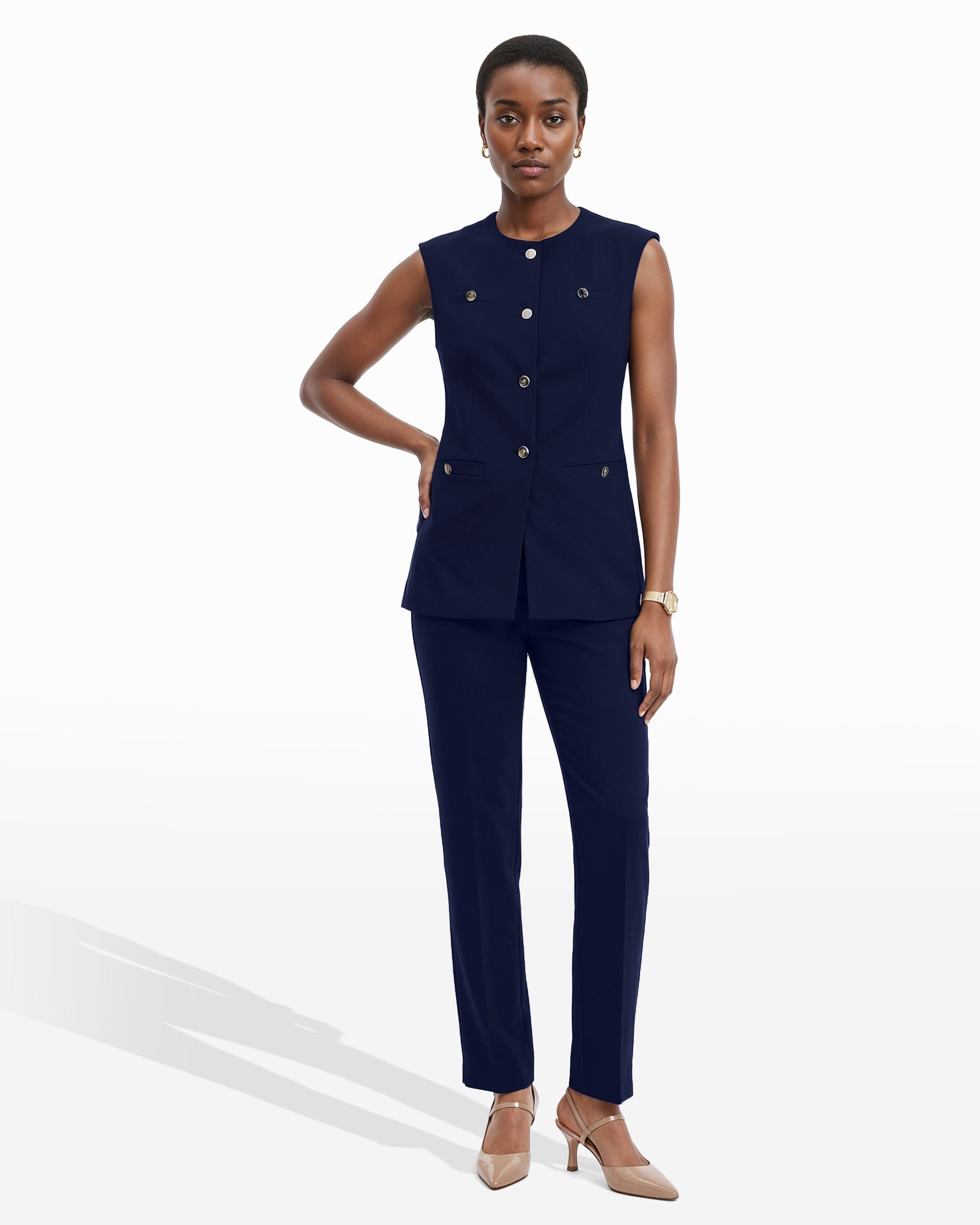 Four-Button Vest with Welt Pockets - Anne Klein DISTANT MOUNTAIN