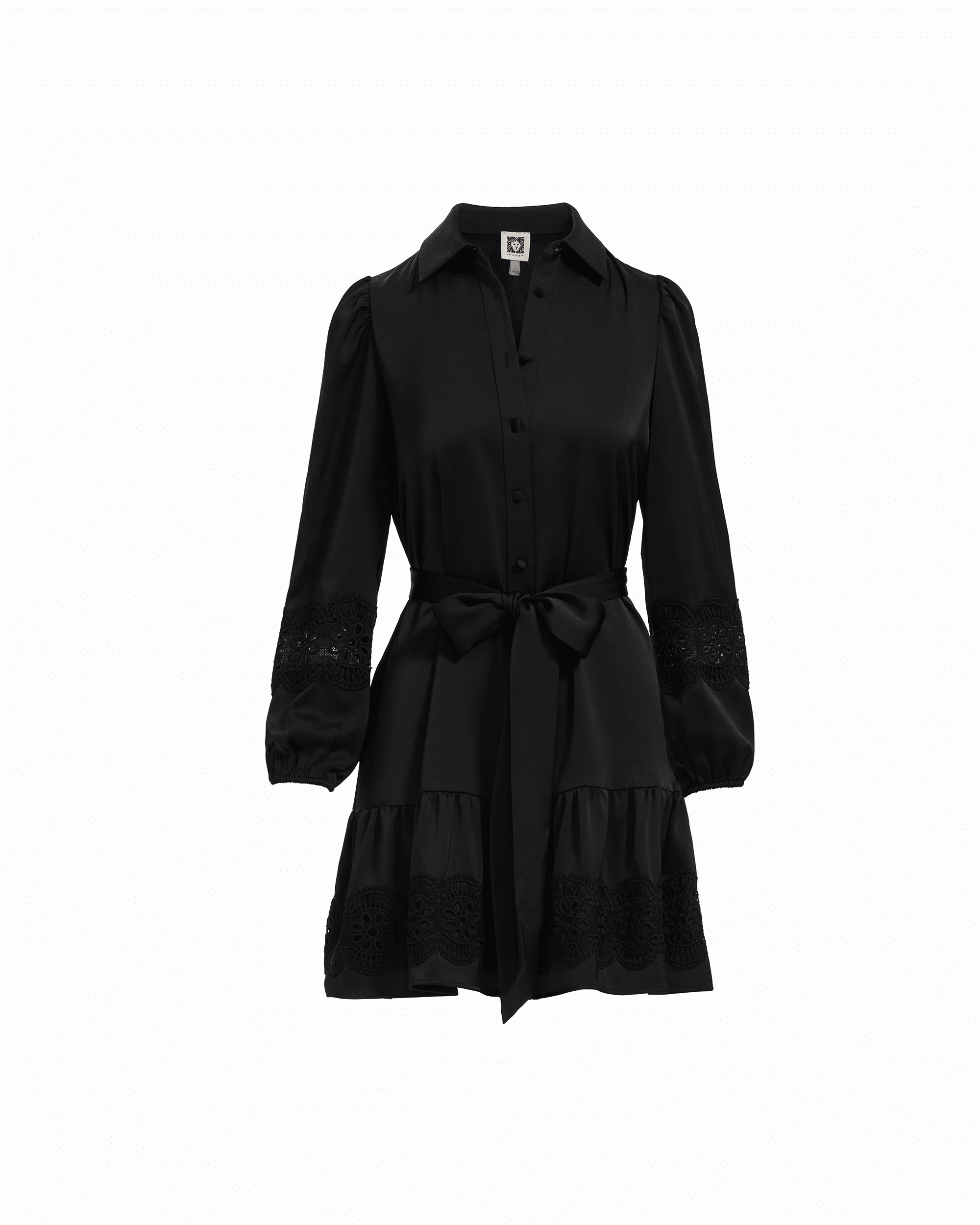 Tiered Collared Long Sleeve Button-Front Shirt Dress - Anne Klein ANNE BLACK