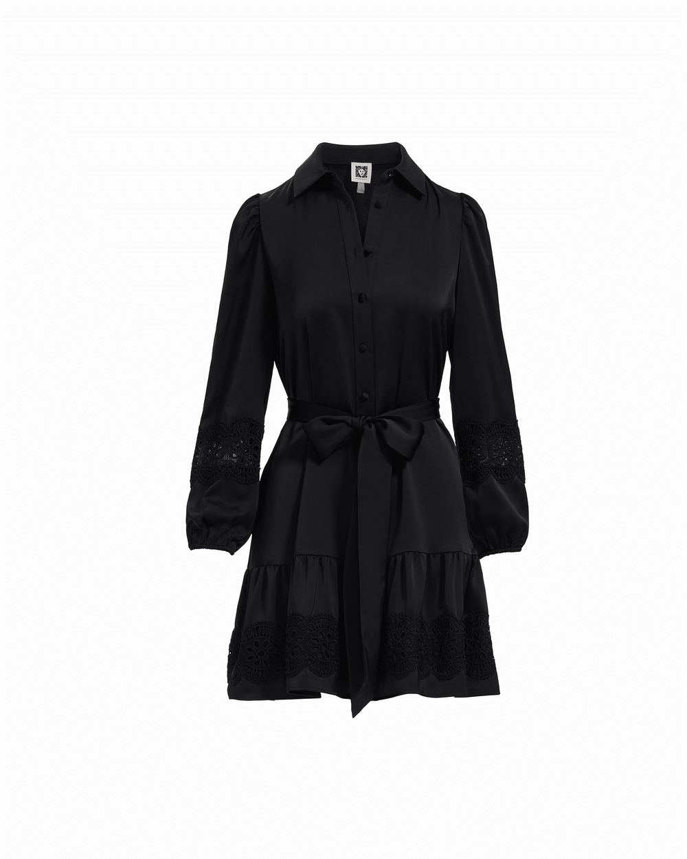 Tiered Collared Long Sleeve Button-Front Shirt Dress - Anne Klein ANNE BLACK
