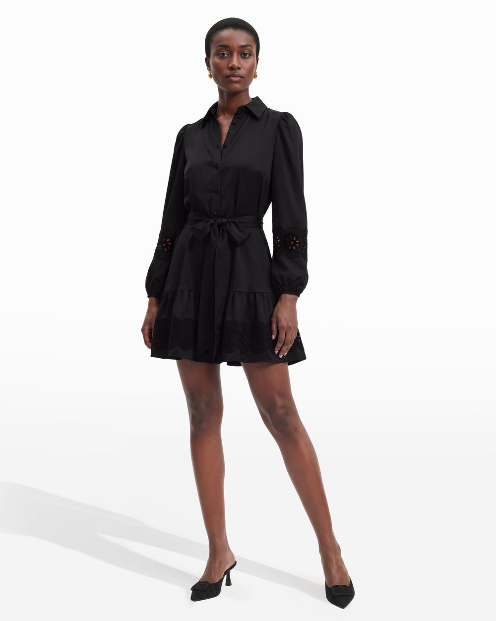 Tiered Collared Long Sleeve Button-Front Shirt Dress - Anne Klein ANNE BLACK