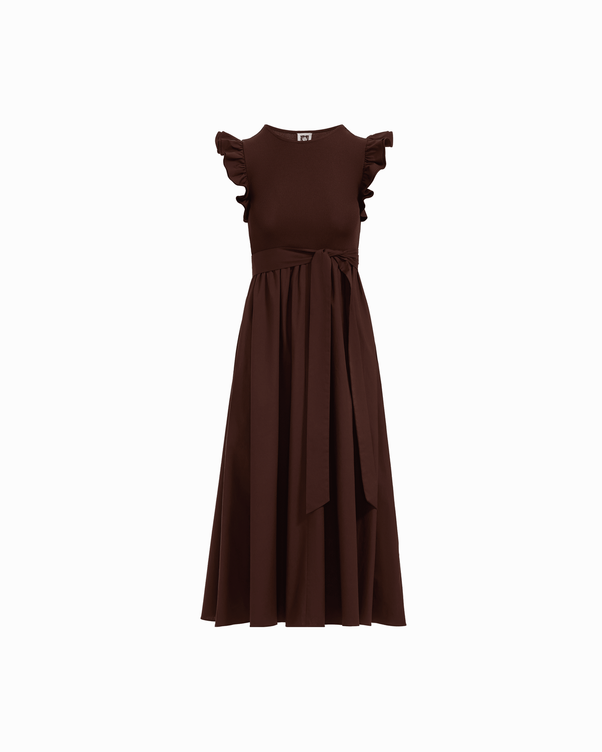 Mixed Media Midi Dress With Ruffle Sleeves in DARK CHOCOLATE | Anne Kl - Anne Klein DARK CHOCOLATE