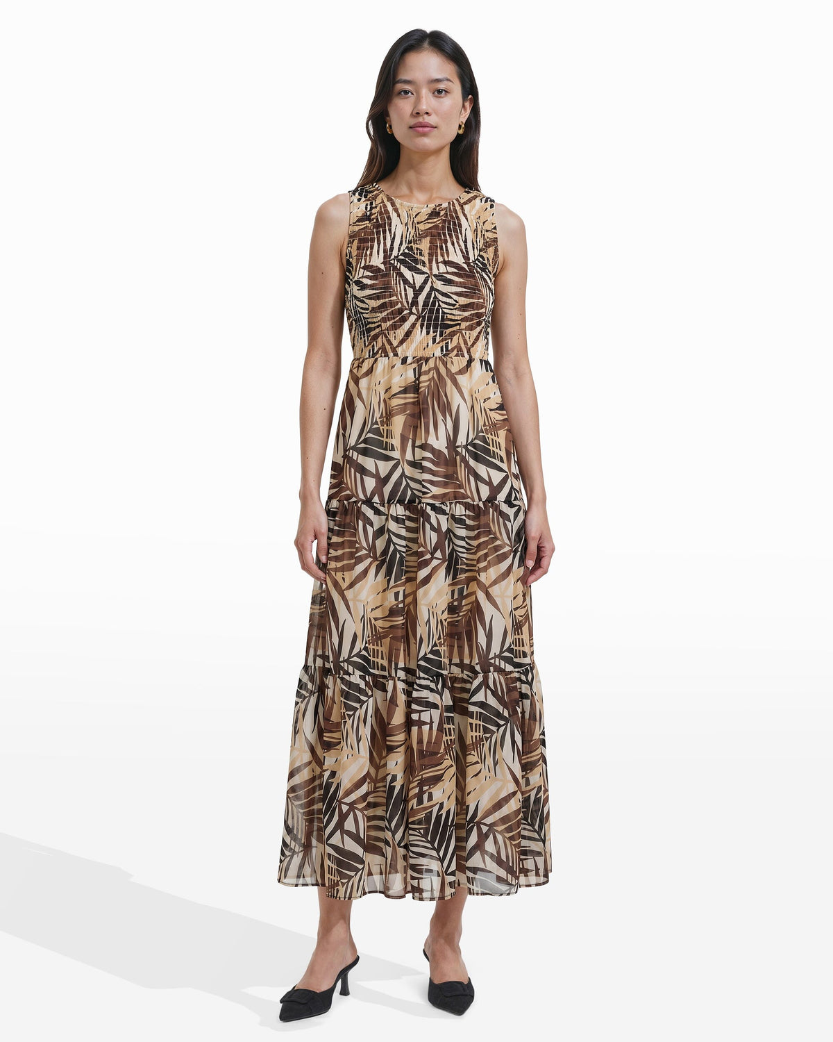 Smocked Bodice Tiered Maxi Dress in White Dove Dark Chocolate - Anne Klein WHITE DOVE MULTI