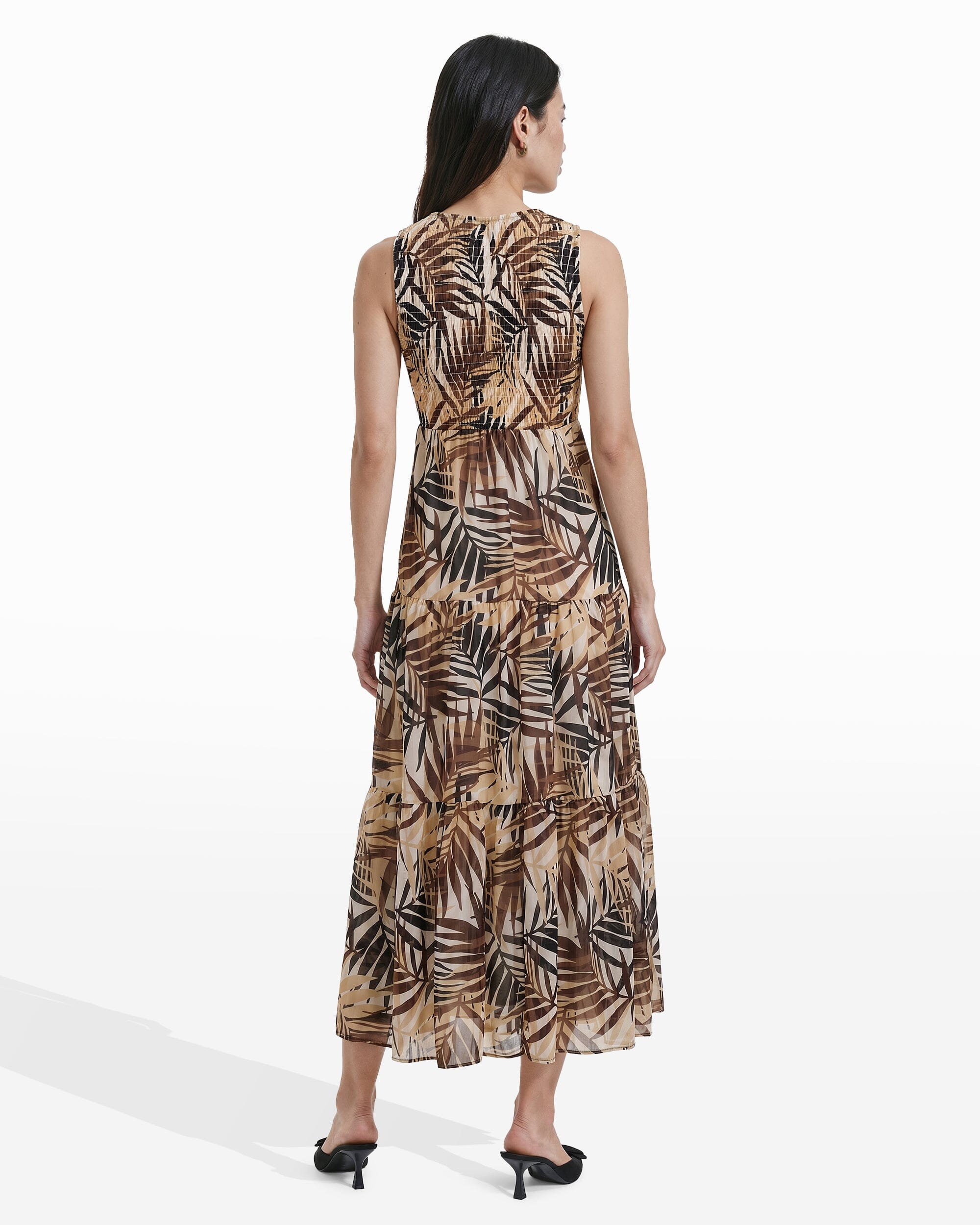 Smocked Bodice Tiered Maxi Dress in White Dove Dark Chocolate - Anne Klein WHITE DOVE MULTI