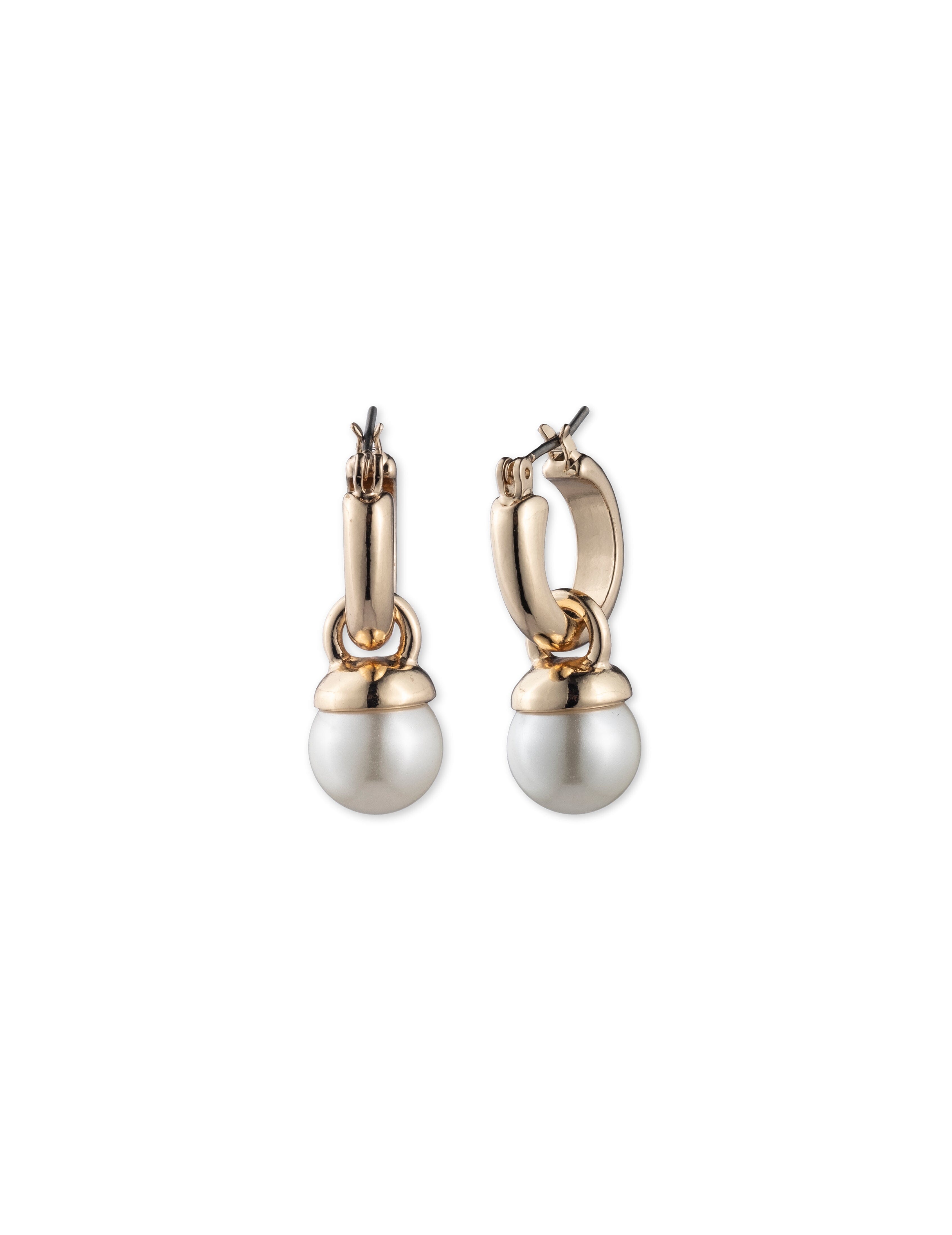 Faux Pearl Drop Hoop Earrings - Anne Klein