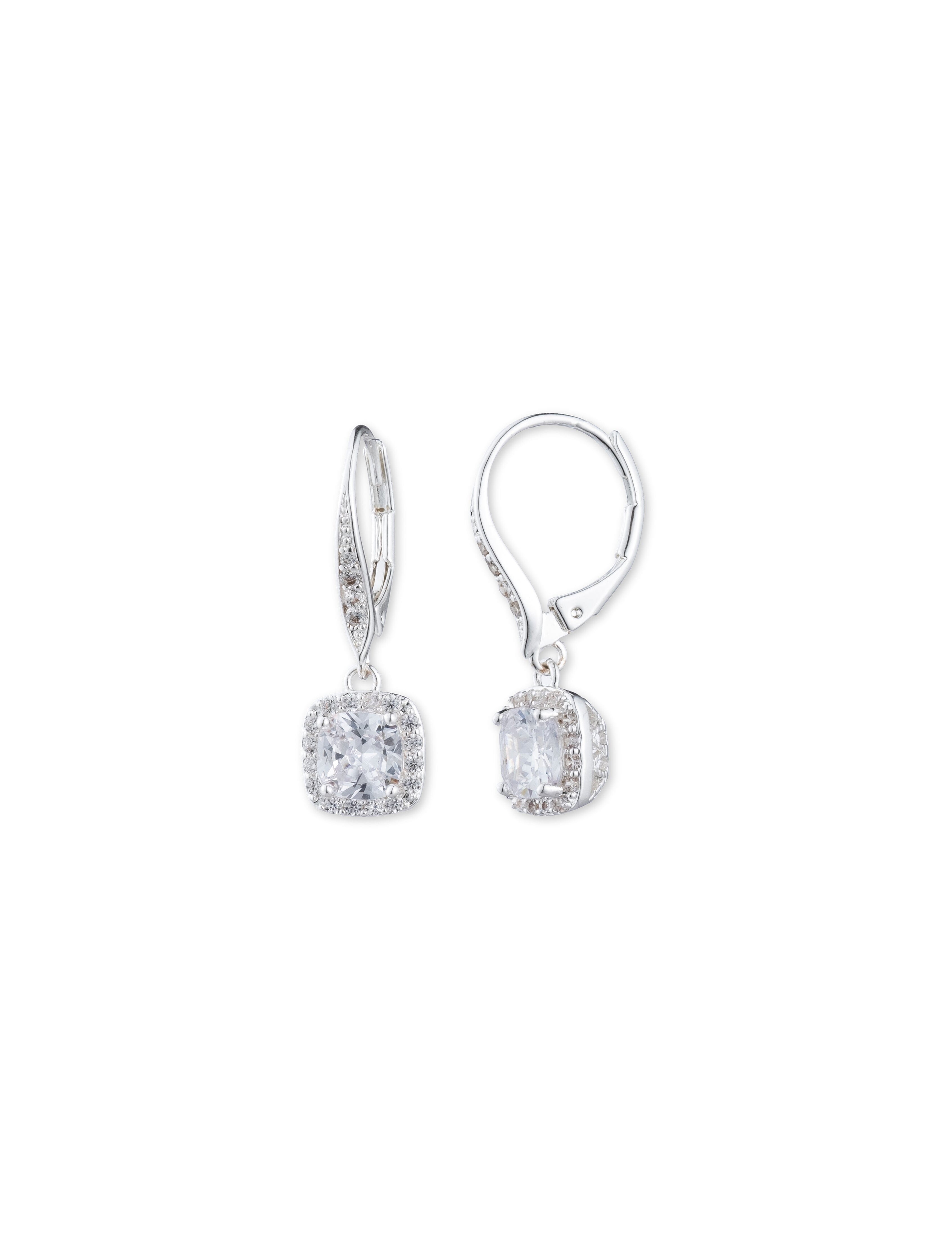 CZ Drop Earrings, Silver-Tone Halo - Anne Klein