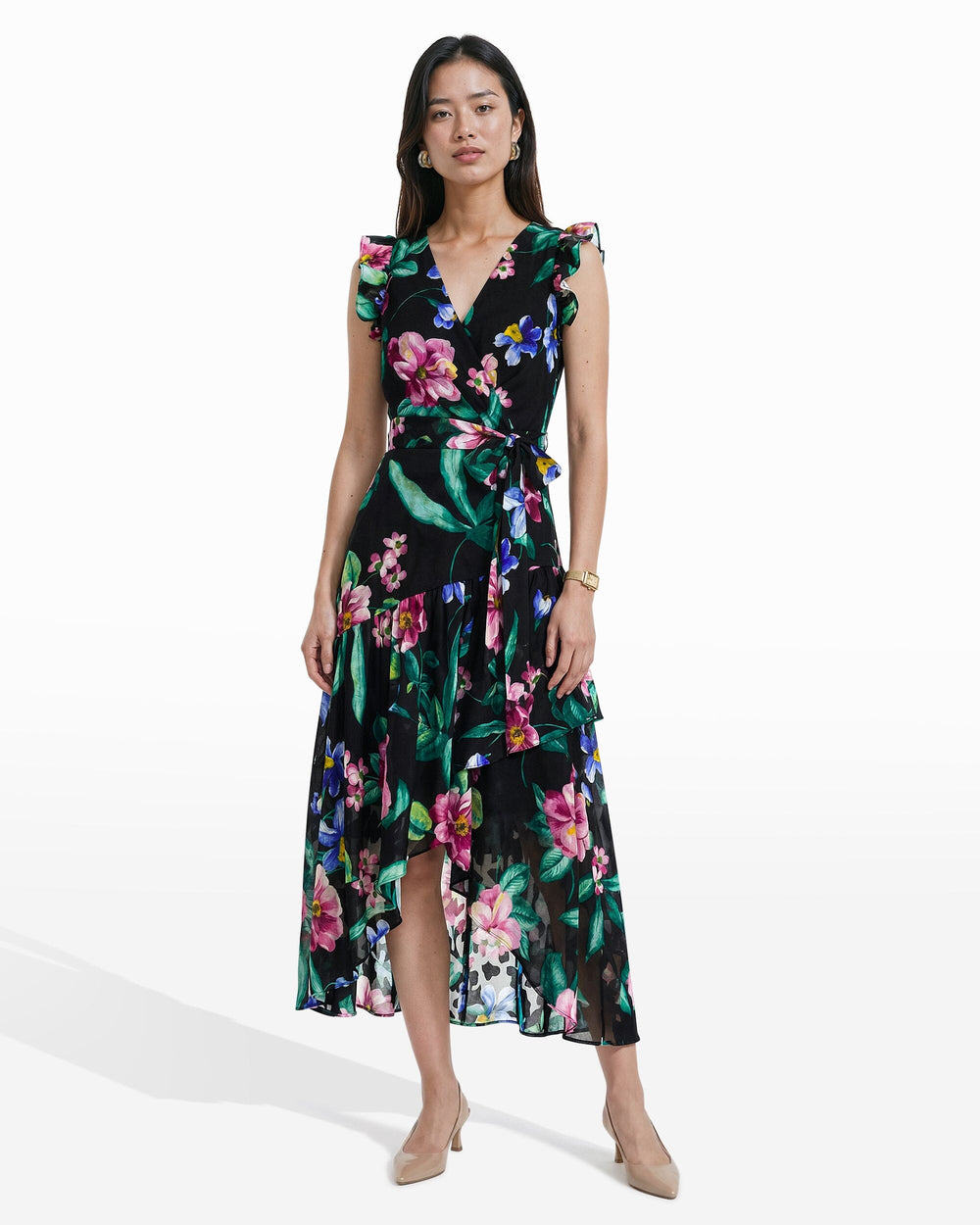 High-Low Wrap Dress with Ruffle Sleeves - Anne Klein ANNE BLACK MULTI