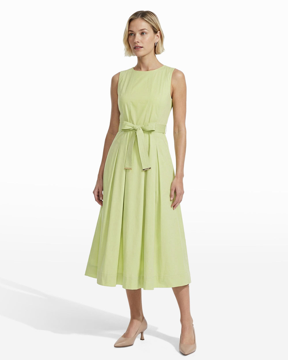 Paneled Bodice Jewel Neck Midi Dress - Anne Klein COOL SAGE