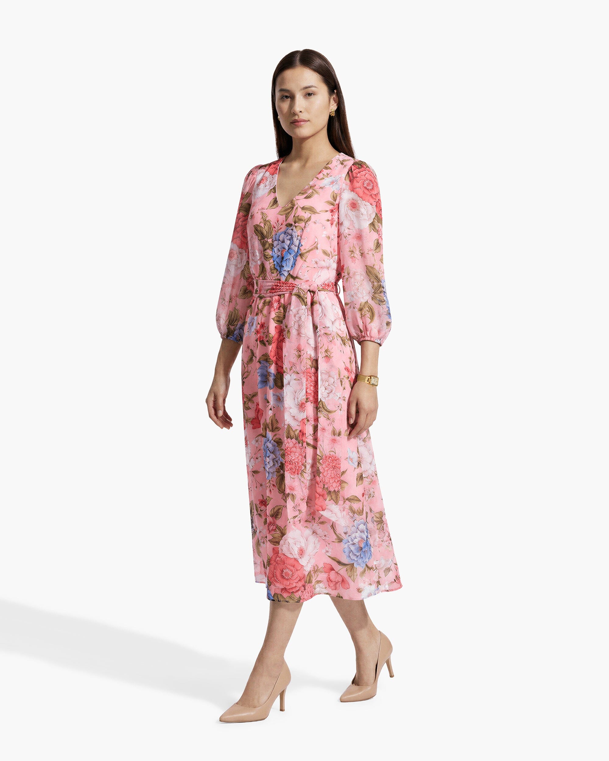 Three-Quarter Sleeve Midi Dress - Anne Klein CALYPSO CORAL MULTI