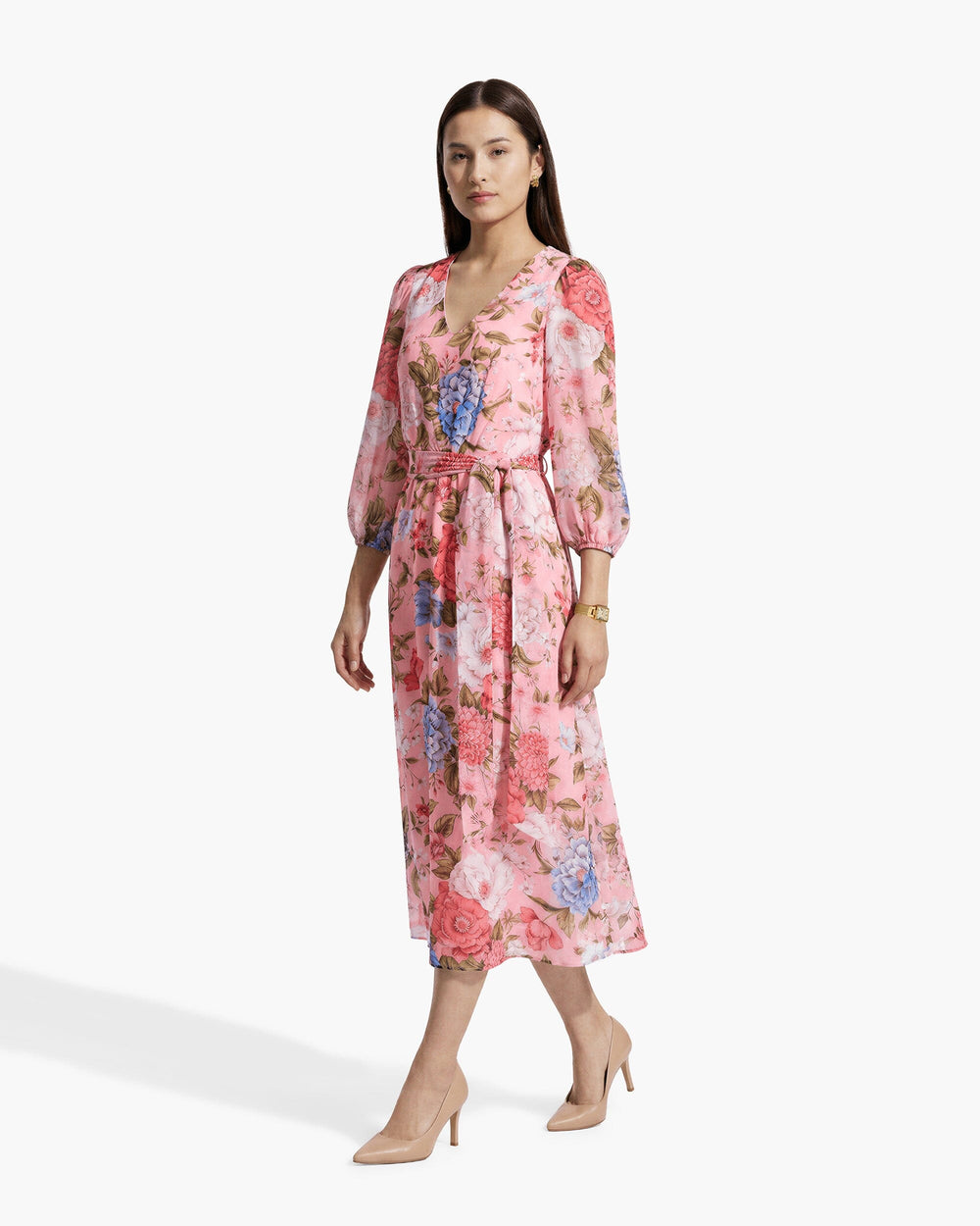 Three-Quarter Sleeve Midi Dress - Anne Klein CALYPSO CORAL MULTI