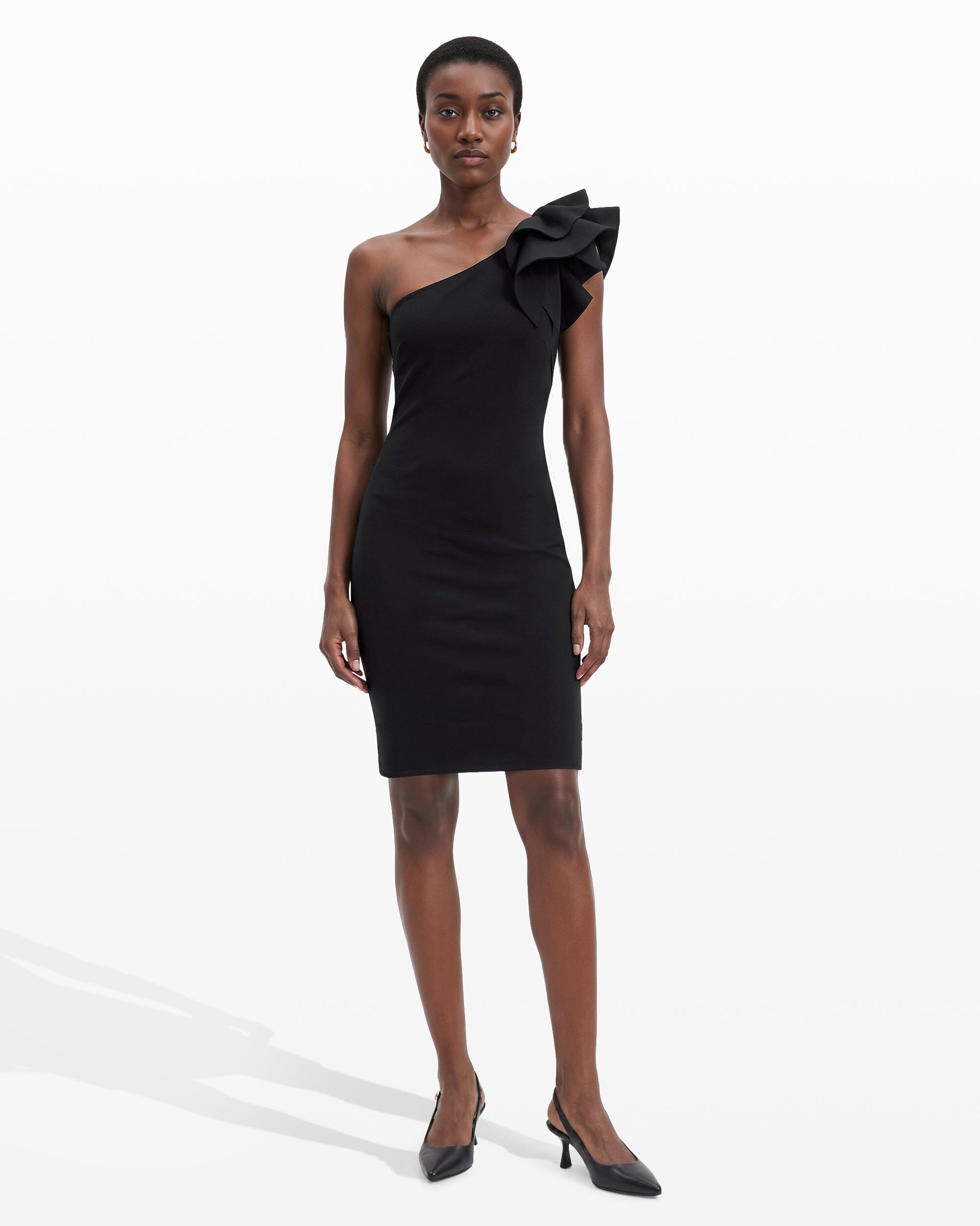 One Shoulder Sheath Dress with Ruffle - Anne Klein ANNE BLACK