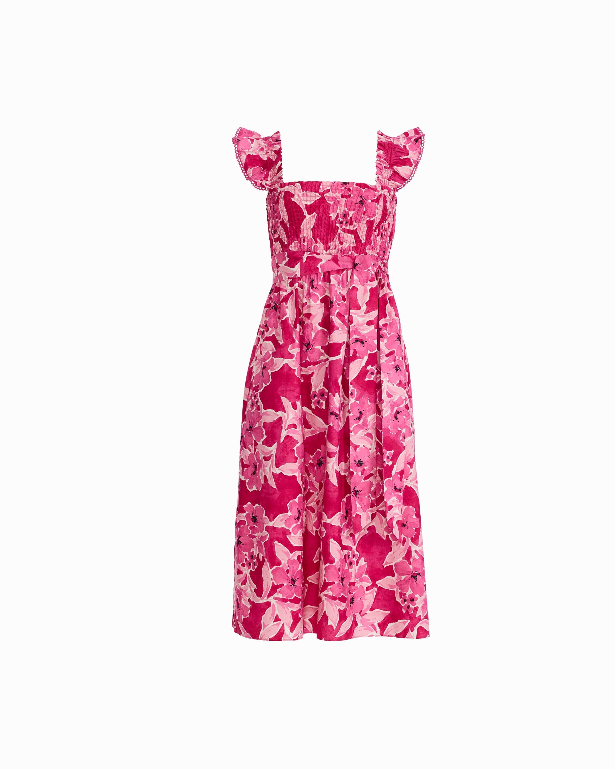 Smocked Midi Dress with Ruffle Sleeves - Anne Klein VIBRANT PINK MULTI