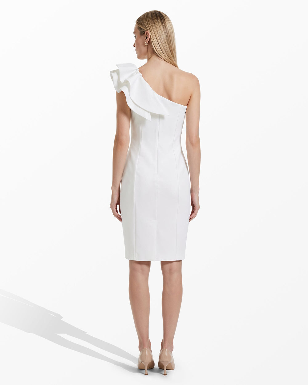 One Shoulder Sheath Dress with Ruffle - Anne Klein CRISP WHITE