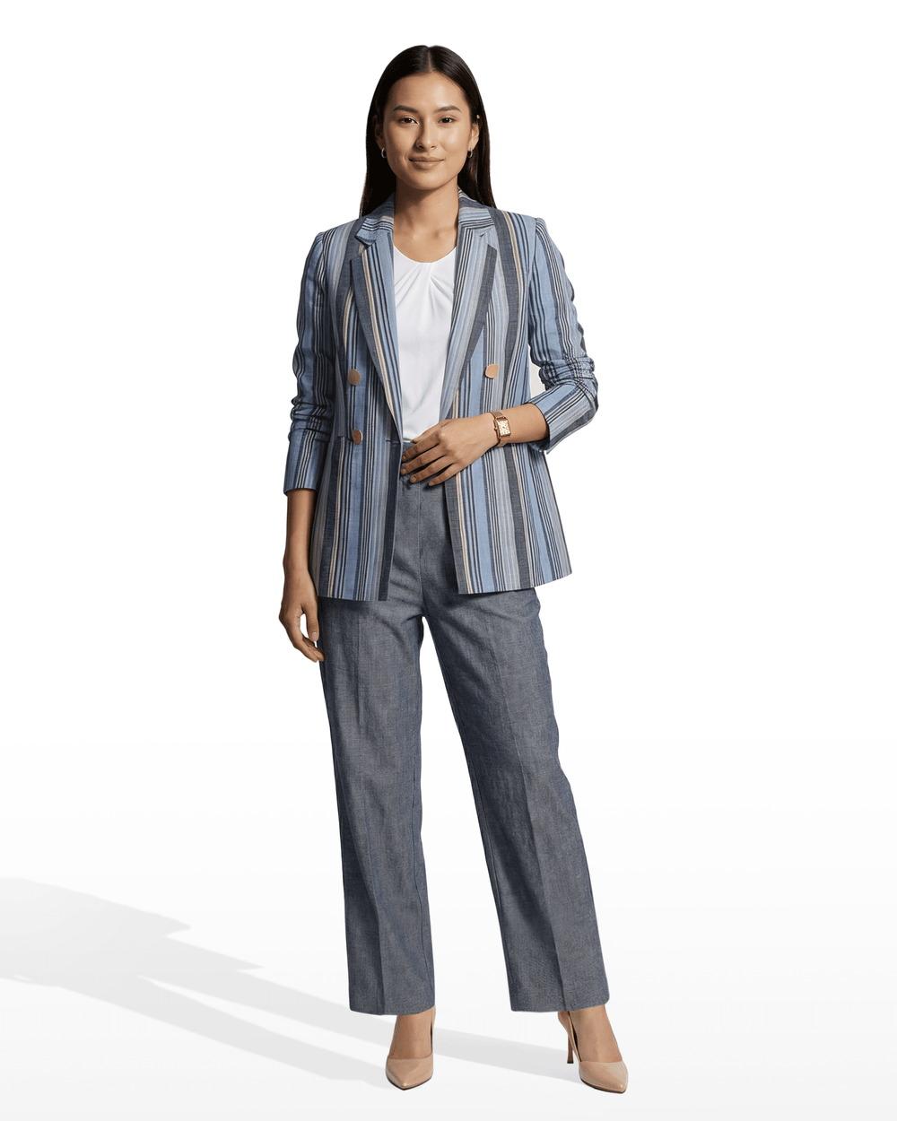 Striped Double-Breasted Blazer - Anne Klein LAKESHORE MULTI