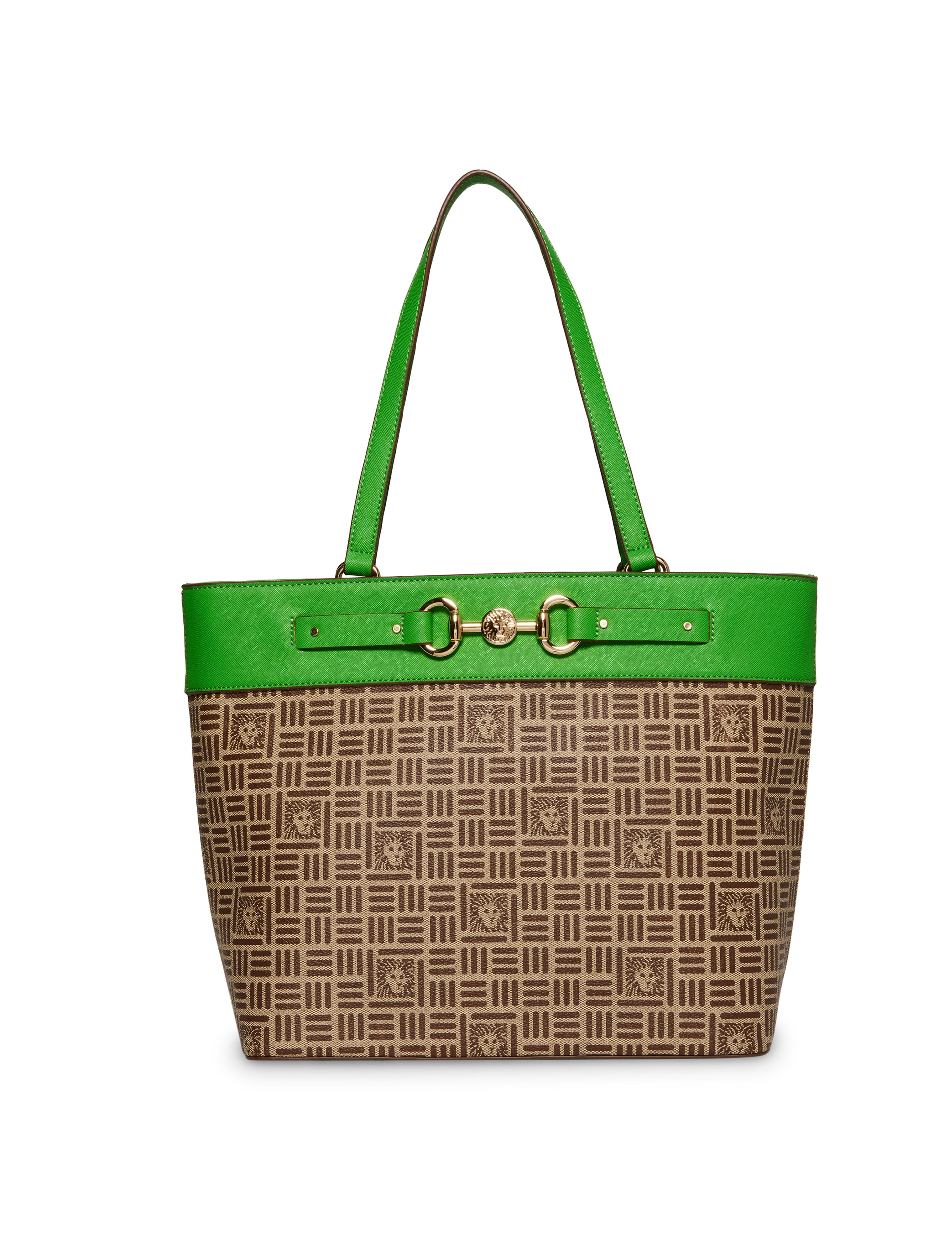 Large Lion Logo Tote Bag - Anne Klein Cream Brown Lion Logo/Grass Green