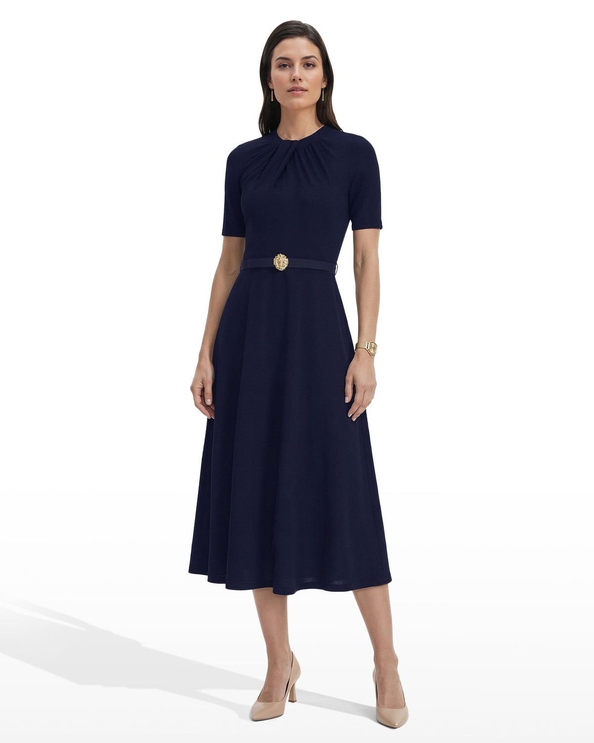 Twist Neck Fit and Flare Midi Dress - Anne Klein DEEP NAVY