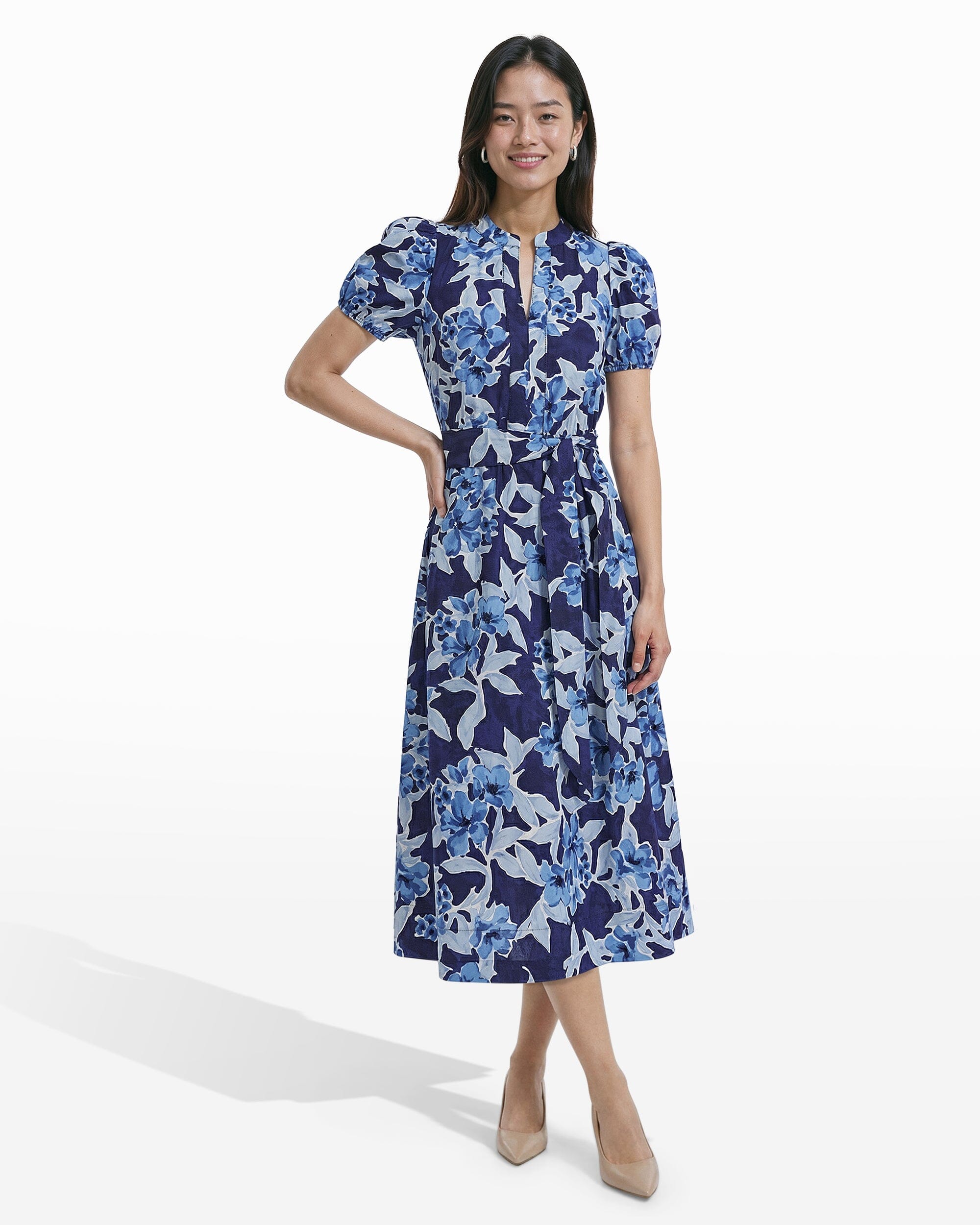 Puff Sleeve A-line Midi Dress - Anne Klein SANTORINI BLUE MULTI