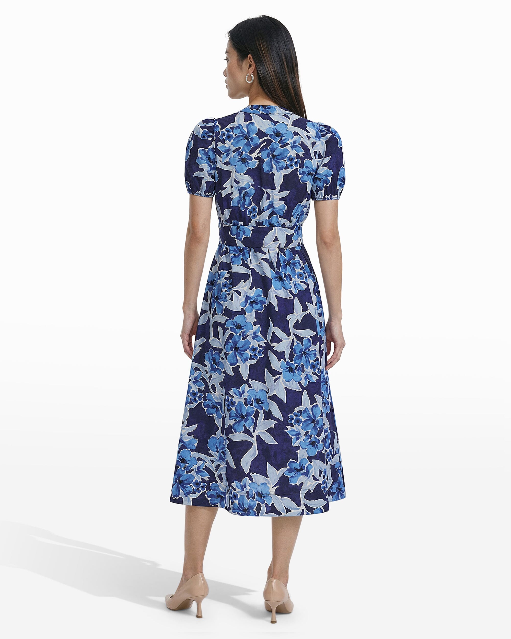 Puff Sleeve A-line Midi Dress - Anne Klein SANTORINI BLUE MULTI