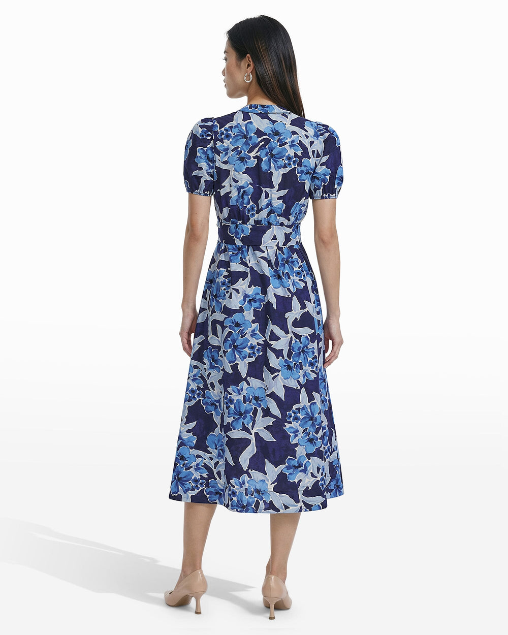 Puff Sleeve A-line Midi Dress - Anne Klein SANTORINI BLUE MULTI